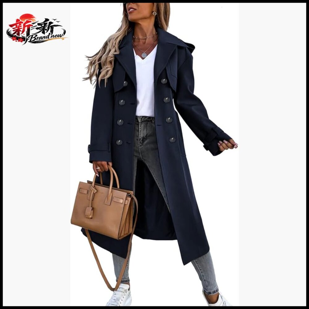 Double Breasted Long Trench Coat Windproof Classic Lapel Belted Overcoat